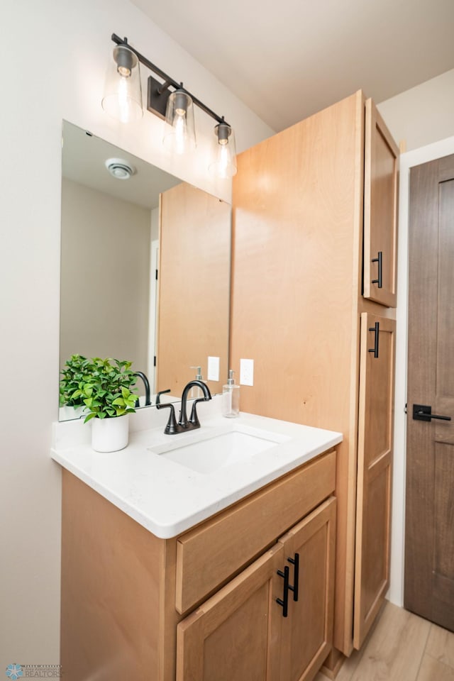 bathroom featuring vanity, wood finished floors, and visible vents