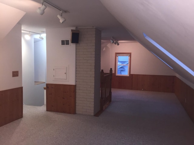 632 Morgan Ave S, Minneapolis, MN 55405 - bonus room featuring wood walls, carpet floors, a wainscoted wall, and vaulted ceiling