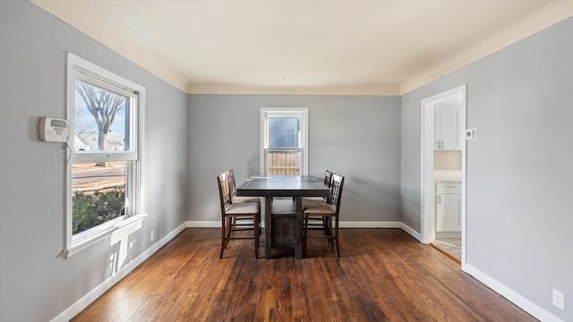 dining room featuring dark wood-style floors, plenty of natural light, and baseboards