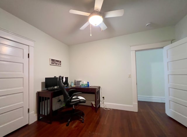 office space with dark wood-type flooring, baseboards, and a ceiling fan