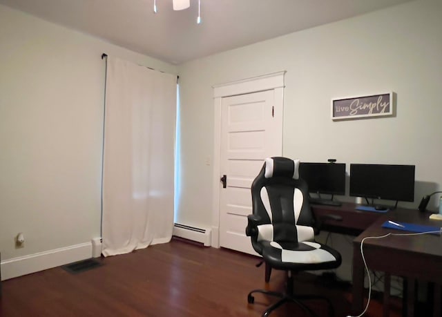 office space featuring baseboards, visible vents, baseboard heating, and dark wood-type flooring