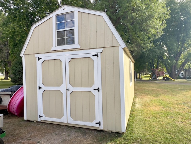 view of shed with a playground