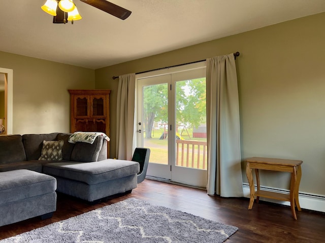302 Dakota Ave, Hoffman, MN 56339 - living room with dark wood-type flooring, a baseboard heating unit, and ceiling fan