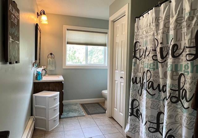 302 Dakota Ave, Hoffman, MN 56339 - bathroom featuring baseboard heating, vanity, tile patterned flooring, and curtained shower