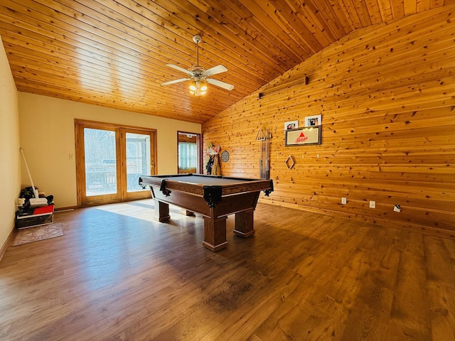 recreation room with lofted ceiling, wood ceiling, pool table, and wood finished floors