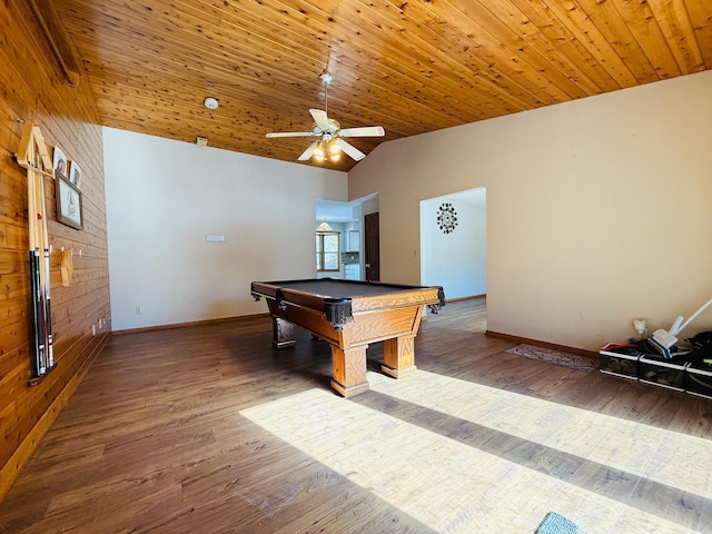 recreation room featuring dark wood-style floors, wood ceiling, and pool table