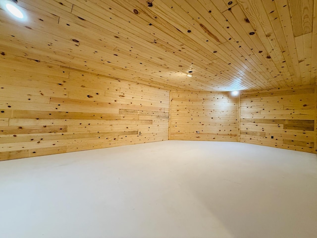 additional living space featuring wooden ceiling and wooden walls