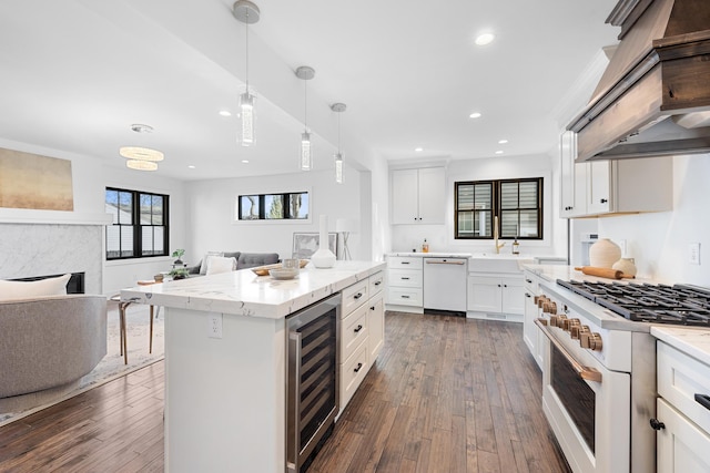 4129 Utica Ave S, Saint Louis Park, MN 55416 - kitchen featuring wine cooler, white appliances, custom range hood, open floor plan, and dark wood-style floors