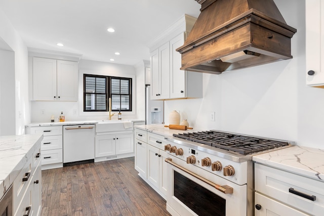 4129 Utica Ave S, Saint Louis Park, MN 55416 - kitchen with white appliances, premium range hood, white cabinetry, dark wood finished floors, and recessed lighting