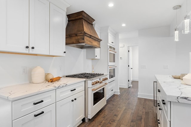 4129 Utica Ave S, Saint Louis Park, MN 55416 - kitchen with white appliances, custom exhaust hood, recessed lighting, dark wood-type flooring, and white cabinets