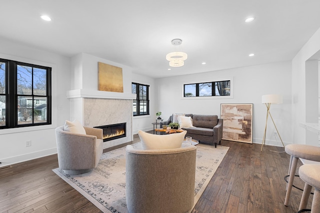 4129 Utica Ave S, Saint Louis Park, MN 55416 - living room with a tiled fireplace, dark wood-type flooring, and recessed lighting