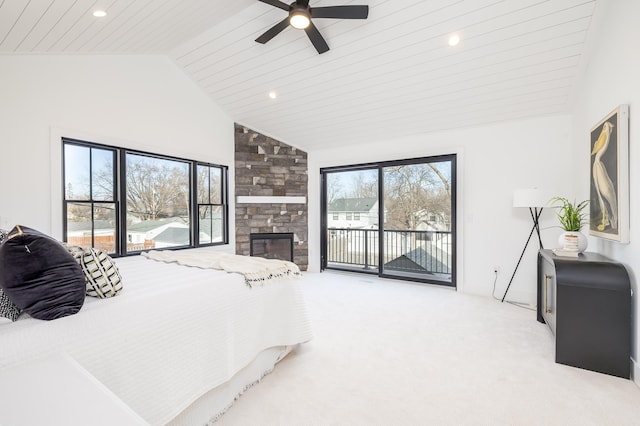4129 Utica Ave S, Saint Louis Park, MN 55416 - carpeted bedroom featuring access to outside, vaulted ceiling, wood ceiling, ceiling fan, and a fireplace