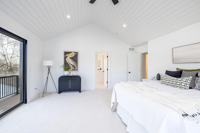 4129 Utica Ave S, Saint Louis Park, MN 55416 - bedroom featuring access to exterior, lofted ceiling, light carpet, a ceiling fan, and recessed lighting