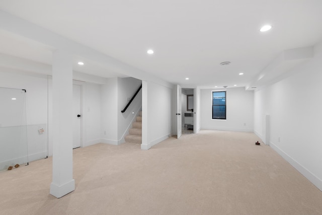 4129 Utica Ave S, Saint Louis Park, MN 55416 - finished below grade area featuring light carpet, stairs, and recessed lighting