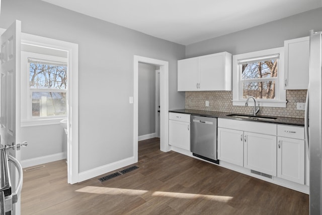 kitchen with stainless steel appliances, dark countertops, visible vents, white cabinets, and a sink