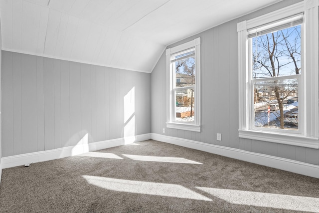 additional living space with carpet, lofted ceiling, and baseboards