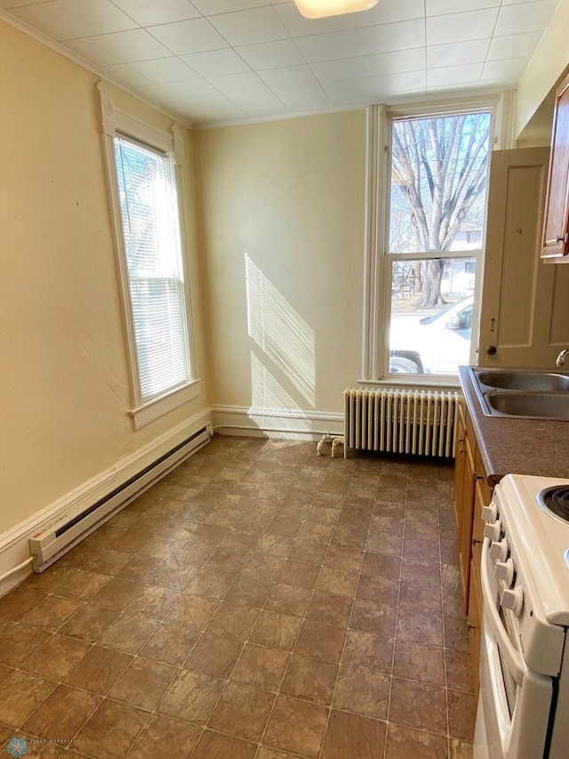 interior space featuring a healthy amount of sunlight, baseboard heating, a sink, and radiator