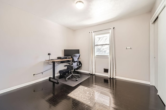 office with dark wood-type flooring, visible vents, and baseboards