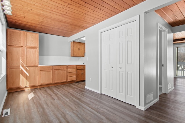 kitchen with wood ceiling, light countertops, light wood finished floors, and visible vents