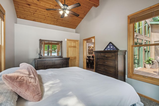 bedroom featuring high vaulted ceiling, wooden ceiling, a ceiling fan, and baseboards