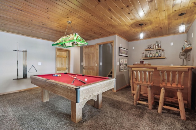 playroom featuring dark colored carpet, a dry bar, and wooden ceiling