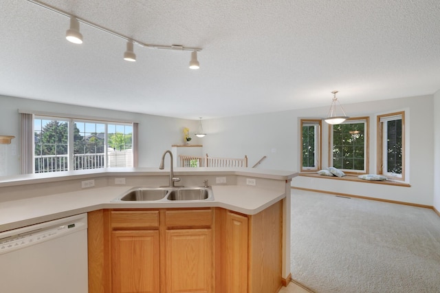 kitchen with white dishwasher, light carpet, a sink, open floor plan, and light countertops