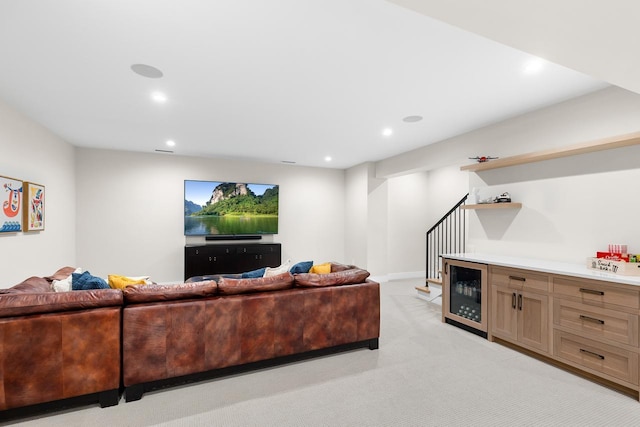 4889 Lake Harriet Pkwy, Minneapolis, MN 55419 - living area featuring beverage cooler, a dry bar, light colored carpet, and recessed lighting