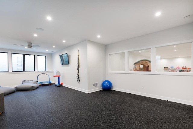 4889 Lake Harriet Pkwy, Minneapolis, MN 55419 - exercise area featuring baseboards, recessed lighting, and ceiling fan