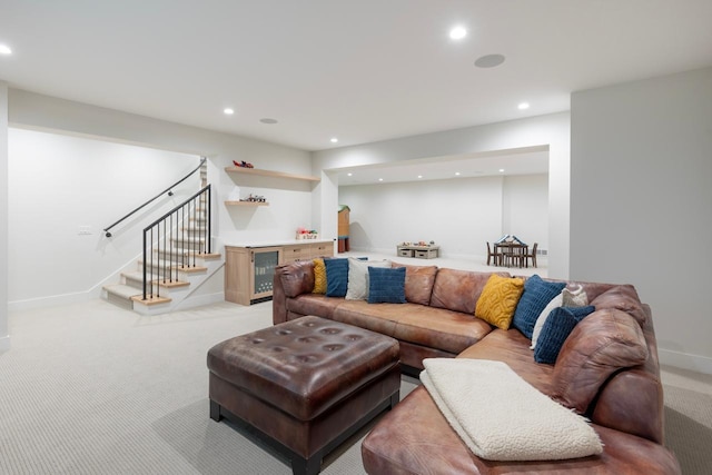 4889 Lake Harriet Pkwy, Minneapolis, MN 55419 - living room featuring bar, light carpet, stairs, recessed lighting, and beverage cooler