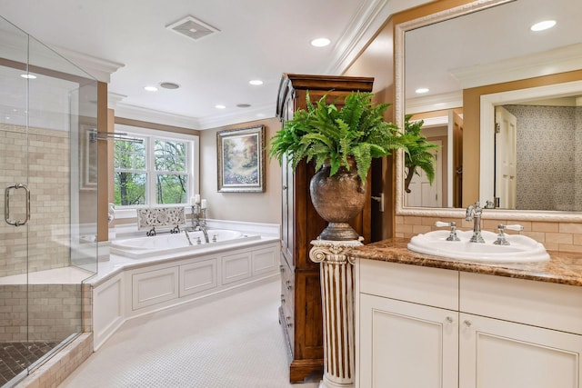 bathroom featuring a stall shower, a bath, visible vents, and ornamental molding