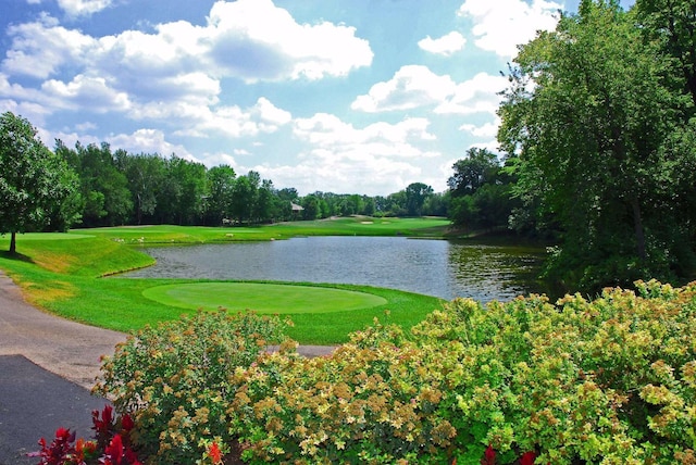 view of property's community with a yard and a water view