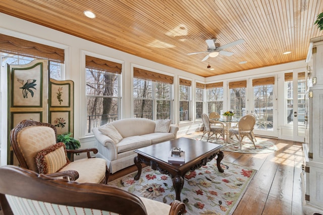 sunroom / solarium featuring ceiling fan, wood ceiling, and lofted ceiling