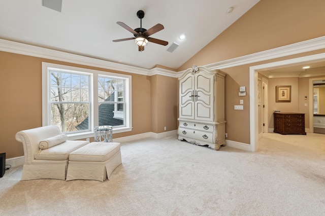 living area with crown molding, high vaulted ceiling, baseboards, and light carpet