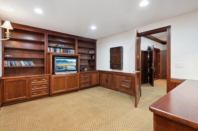 office area featuring light carpet, visible vents, recessed lighting, and crown molding