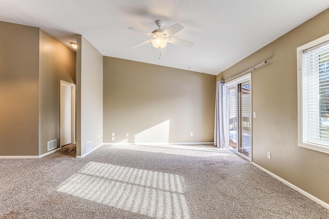 carpeted spare room featuring visible vents, plenty of natural light, and baseboards