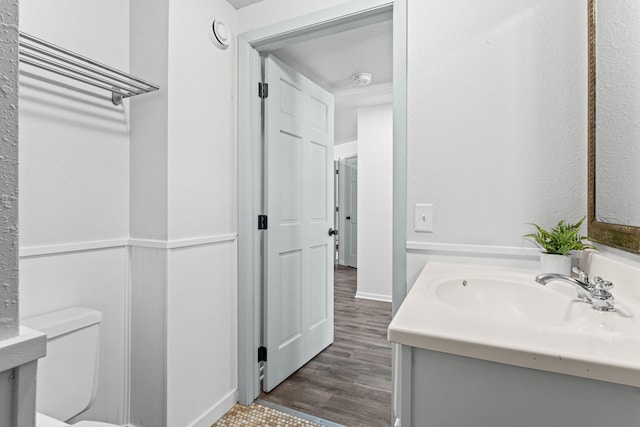 half bathroom featuring toilet, wainscoting, wood finished floors, and vanity