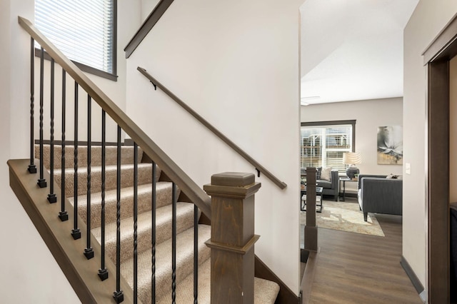 stairway with baseboards and wood finished floors