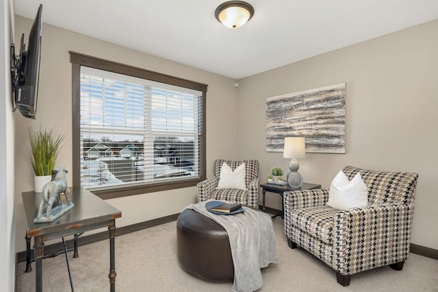 sitting room with baseboards and carpet floors