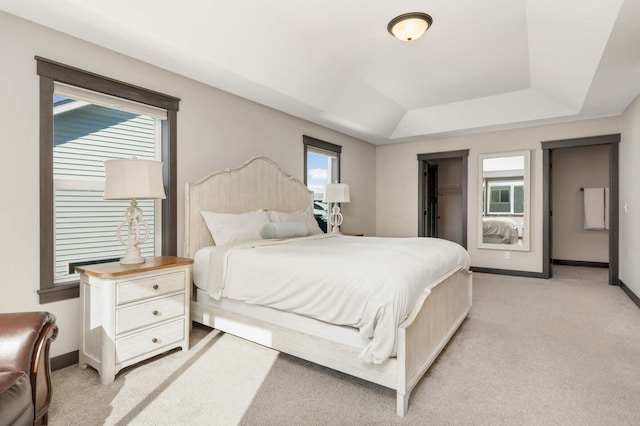 bedroom featuring light carpet, a spacious closet, a raised ceiling, and baseboards