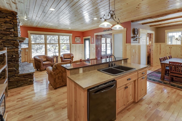 kitchen with a wainscoted wall, a sink, wood ceiling, black dishwasher, and an island with sink