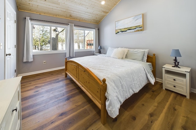 bedroom featuring wooden ceiling, baseboards, vaulted ceiling, and dark wood finished floors