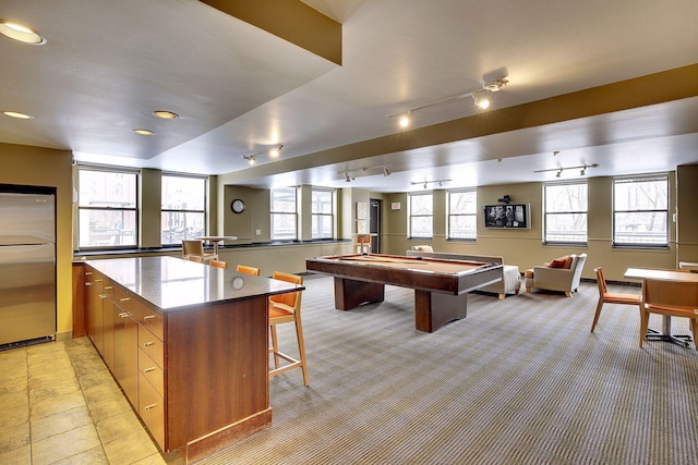 rec room with recessed lighting, light colored carpet, and billiards