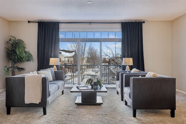 living room featuring light carpet, a textured ceiling, and baseboards