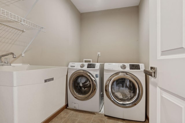 washroom featuring laundry area, a sink, and washing machine and clothes dryer