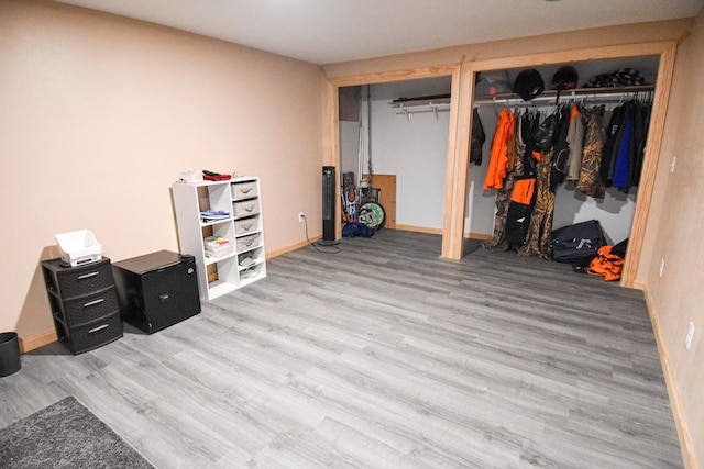 interior space with multiple closets, baseboards, and wood finished floors