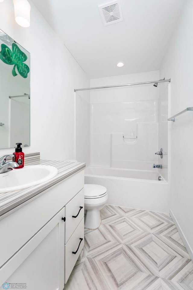 full bath featuring visible vents, toilet, shower / bath combination, and vanity