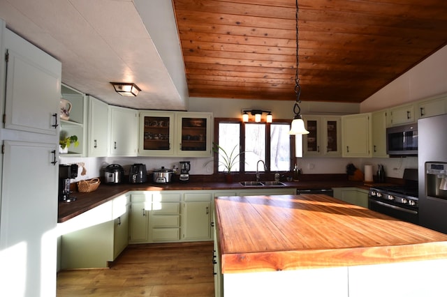 kitchen with open shelves, wooden counters, stainless steel appliances, and green cabinetry