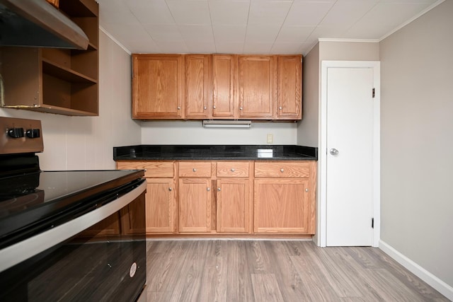 kitchen with black / electric stove, light wood finished floors, open shelves, ventilation hood, and baseboards