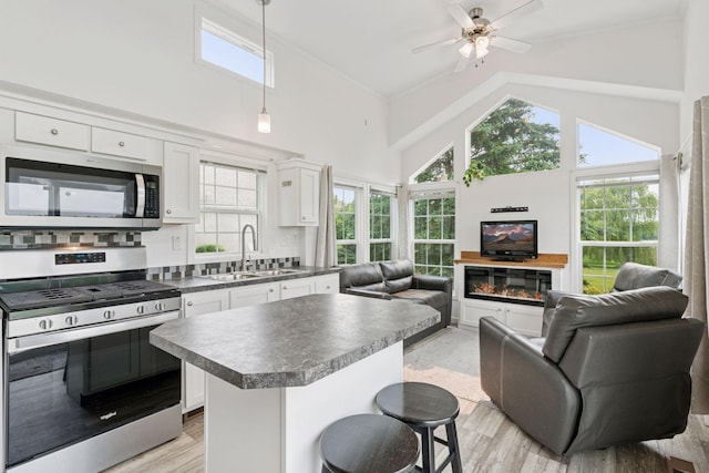 13380 Willandale Rd, Rogers, MN 55374 - kitchen with appliances with stainless steel finishes, a sink, open floor plan, dark countertops, and a breakfast bar area