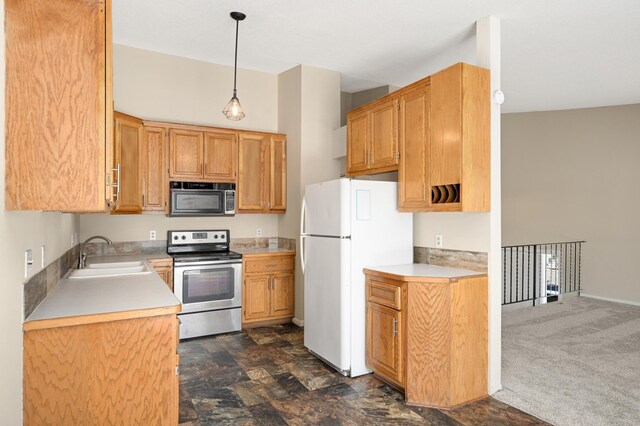 16860 Grenadier Ave, Lakeville, MN 55044 - kitchen featuring light countertops, a sink, freestanding refrigerator, black microwave, and electric range